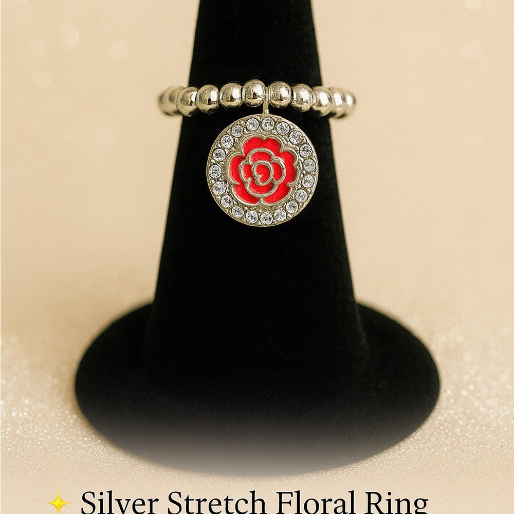 Chic Silver Floral Ring with Red Accent